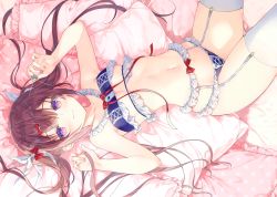 Rule 34 | 1girl, absurdres, armpits, blue panties, blurry, blush, bow, breasts, brown hair, depth of field, frills, garter belt, glint, hair ornament, highres, holding, jewelry, looking at viewer, lying, miwabe sakura, navel, on back, original, panties, panties over garter belt, purple eyes, ring, scan, small breasts, solo, stomach, thighhighs, thighs, underwear, underwear only, white thighhighs