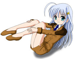 Rule 34 | 00s, 1girl, ahoge, flats, flipper, formal, green eyes, hair ornament, legs up, long hair, long sleeves, looking at viewer, lying, lyrical nanoha, mahou shoujo lyrical nanoha, mahou shoujo lyrical nanoha strikers, military, military uniform, on back, reinforce zwei, shoes, silver hair, solo, suit, thighs, uniform, very long hair, x hair ornament