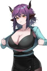 Rule 34 | 1girl, animal ears, aqua shirt, arknights, black bra, black skirt, blush, bra, breasts, cleavage, collarbone, cow ears, cow girl, cow horns, cowboy shot, high-waist skirt, highres, horns, large breasts, long sleeves, looking at viewer, open clothes, open shirt, orange eyes, parted lips, purple hair, shirt, short hair, sideroca (arknights), siguya, simple background, skirt, solo, underwear, undressing, white background