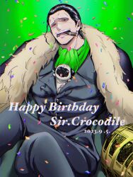 Rule 34 | 1boy, animal, animal in clothes, annoyed, ascot, black hair, cigar, collared shirt, confetti, crocodile (one piece), crossed legs, dog, feet out of frame, formal, furrowed brow, hair slicked back, happy birthday, highres, hook hand, male focus, mature male, one piece, pectorals, puppy, scar, scar on face, scar on nose, shirt, short hair, smoking, solo, stitches, suit, z9220nk8