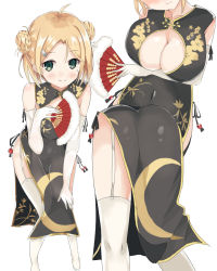 Rule 34 | 1girl, 3:, ahoge, ass, bad id, bad pixiv id, black dress, black ribbon, blonde hair, blush, breast hold, breasts, china dress, chinese clothes, cleavage, double bun, dress, elbow gloves, folding fan, garter straps, gloves, green eyes, hair bun, hand fan, holding, kanisaka shizuku, large breasts, leaning forward, long hair, looking at viewer, marble, mole, mole under eye, multiple views, original, parted bangs, pelvic curtain, ribbon, sleeveless, sleeveless dress, smile, thighhighs, thighs, white background, white gloves, white thighhighs