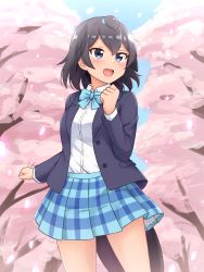 Rule 34 | 1girl, :d, absurdres, alternate costume, black eyes, black hair, black jacket, blue bow, blue bowtie, blue skirt, bow, bowtie, cherry blossoms, commentary, cowboy shot, day, hair between eyes, head wings, highres, jacket, kemono friends, long sleeves, open clothes, open jacket, open mouth, outdoors, petals, plaid, plaid skirt, pleated skirt, school uniform, shiraha maru, shirt, short hair, skirt, smile, solo, superb bird-of-paradise (kemono friends), tail, tree, white shirt, wings
