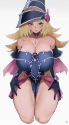 Rule 34 | 1girl, absurdres, bare shoulders, blonde hair, blue gloves, blush stickers, breasts, brooch, cleavage, collarbone, commentary, cowboy shot, cropped legs, detached collar, duel monster, earrings, eyes visible through hair, gloves, grey background, groin, hands on own hips, hat, highres, hip focus, huge breasts, jewelry, kataku musou, long hair, looking at viewer, magi magi magician gal, off-shoulder leotard, purple eyes, seiza, signature, simple background, sitting, solo, thick thighs, thighs, tongue, tongue out, witch hat, yu-gi-oh!
