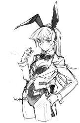 Rule 34 | 1girl, 203wolves, animal ears, black bow, black bowtie, bow, bowtie, breasts, cleavage, cropped legs, detached collar, fake animal ears, fake tail, greyscale, hand on own hip, highres, leotard, long hair, looking at viewer, monochrome, pantyhose, playboy bunny, rabbit tail, solo, tail, tenjouin asuka, white background, yu-gi-oh!, yu-gi-oh! gx