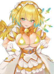 Rule 34 | + +, 1girl, belt, bikini, bikini top only, blonde hair, blue eyes, blush, bombergirl, bow, breasts, breasts out, cleavage, dress, fangs, frills, gloves, grenade hair ornament, hairband, hands on own hips, highres, large breasts, looking at viewer, orange bow, pine (bombergirl), short hair, simple background, smile, solo, swimsuit, white background, white dress, white gloves, yaman, yellow bikini, yellow pupils
