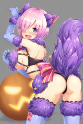 Rule 34 | &gt;:d, 1girl, :d, animal ears, arm up, ass, bare shoulders, black gloves, black nails, black thighhighs, blush, breasts, cat ears, commentary request, elbow gloves, eyes visible through hair, fang, fate/grand order, fate (series), fingernails, from behind, fur-trimmed gloves, fur-trimmed legwear, fur trim, gloves, grey background, hair over one eye, halloween, hand up, highres, jack-o&#039;-lantern, large breasts, looking at viewer, looking back, mash kyrielight, mash kyrielight (dangerous beast), nail polish, nose blush, o-ring, official alternate costume, open mouth, pink hair, pink ribbon, pumpkin, purple eyes, revealing clothes, ribbon, samoore, shiny skin, short hair, simple background, smile, solo, standing, striped ribbon, tail, thighhighs, thong, v-shaped eyebrows, wolf ears, wolf tail
