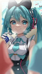 Rule 34 | 1girl, 39 music (vocaloid), absurdres, aqua eyes, aqua hair, aqua necktie, black bow, blurry, blurry foreground, bottle, bow, closed mouth, commentary, commentary request, gloves, hair bow, hatsune miku, headphones, highres, holding, holding bottle, long hair, looking at viewer, magical mirai (vocaloid), magical mirai miku, magical mirai miku (2016), necktie, pocari sweat, poster (object), short necktie, smile, solo, tatyaoekaki, twintails, upper body, vocaloid, water bottle, white gloves