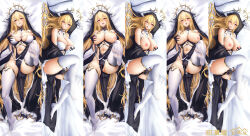 Rule 34 | 1girl, absurdly long hair, after vaginal, azur lane, bare shoulders, between breasts, black gloves, blonde hair, blush, breast cutout, breasts, breasts out, censored, cum, cum in pussy, dakimakura (medium), fake horns, full-face blush, full body, gloves, grabbing own breast, habit, hair between eyes, half gloves, halo, highres, horns, implacable (azur lane), kyokumanya, large breasts, long bangs, long hair, looking at viewer, lying, mechanical halo, multiple views, navel, nipples, nun, on back, on side, open mouth, pelvic curtain, red eyes, revealing clothes, strap between breasts, thighhighs, tongue, tongue out, two-tone dress, veil, very long hair, white horns, white thighhighs