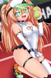 Rule 34 | 1girl, absurdres, azur lane, bache (azur lane), bache (showy sports star) (azur lane), ball, bare shoulders, blonde hair, blush, breasts, cleavage, cleavage cutout, clothing cutout, covered erect nipples, detached sleeves, green-tinted eyewear, green-tinted glasses, hair between eyes, heart, heart-shaped pupils, heart cutout, highres, izuthree, long hair, looking at viewer, open mouth, purple eyes, single thighhigh, sitting, smile, solo, sportswear, sunglasses, symbol-shaped pupils, tennis ball, tennis uniform, thighhighs, tinted eyewear, twintails, very long hair, visor, visor cap, white thighhighs