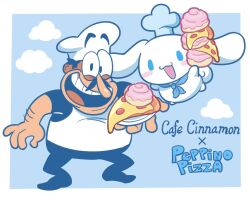 Rule 34 | 1boy, 1other, aqua necktie, black eyes, black hair, blue eyes, blue sky, blush stickers, bulging eyes, chef hat, cinnamon roll, cinnamoroll, cloud, creature, facial hair, folded twintails, food, hat, highres, holding, holding food, long mustache, loveycloud, mustache, necktie, open mouth, pepperoni, peppino spaghetti, pizza, pizza tower, presenting, sanrio, simple background, sky, tied ears