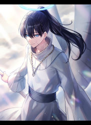 Rule 34 | 1boy, angel, angel wings, black clover, black hair, blue eyes, halo, highres, jewelry, looking at viewer, morgen faust, necklace, ponytail, robe, solo, tsugutoku, white robe, wings