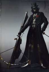 Rule 34 | 1boy, arrow (projectile), black footwear, black jacket, bow (weapon), coat, collar, collared jacket, crossbow, dark souls (series), dark souls i, flower, goth fashion, grey background, hat, highres, holding, holding crossbow, holding sword, holding weapon, huge weapon, jacket, marvelous chester, official art, rose, smile, solo, standing, strap, sword, thigh strap, top hat, weapon