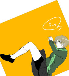 Rule 34 | 1girl, atlus, brown hair, from side, kneehighs, knees up, loafers, miniskirt, non-web source, persona, persona 4, pleated skirt, satonaka chie, shoes, short hair, shorts, shorts under skirt, sitting, skirt, socks, solo, text focus, thought bubble, tomboy, white socks