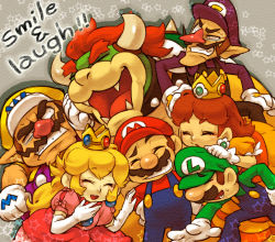 Rule 34 | 2girls, 4boys, :d, ^ ^, bad id, bad pixiv id, blonde hair, blush, bow, bowser, brothers, brown hair, buttons, closed eyes, clothes writing, collar, constricted pupils, crown, dress, earrings, elbow gloves, english text, everyone, eyebrows, closed eyes, facial hair, fangs, gem, gloves, grey background, grin, hand on another&#039;s cheek, hand on another&#039;s face, hand on another&#039;s head, hand on another&#039;s shoulder, hands on own hips, hat, horns, jewelry, laughing, long hair, long nose, looking at another, luigi, mario, mario (series), multiple boys, multiple girls, mustache, naco24, nintendo, open mouth, outstretched arm, overalls, pink dress, plump, pointy ears, princess daisy, princess peach, puffy short sleeves, puffy sleeves, raised eyebrow, red hair, red nose, shadow, shell, short hair, short sleeves, siblings, sideburns, smile, spikes, standing, star (symbol), studded collar, super mario land, sweatdrop, thick eyebrows, uneven eyes, very long hair, waluigi, wario, white gloves