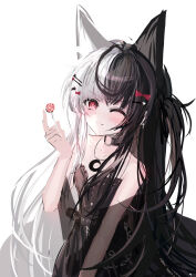 Rule 34 | 1girl, absurdres, alice mana, animal ears, bare arms, bare shoulders, black bow, black choker, black dress, black hair, blush, bow, candy, choker, closed mouth, crescent, dress, food, fox ears, grey hair, hair bow, hair ornament, hairclip, highres, holding, holding candy, holding food, holding lollipop, indie virtual youtuber, lollipop, long hair, looking at viewer, multicolored hair, o-ring, o-ring choker, one eye closed, raeee, red bow, red eyes, simple background, solo, two-tone hair, very long hair, virtual youtuber, white background