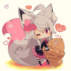 Rule 34 | 1girl, ;&lt;, absurdly long hair, ahoge, animal ear fluff, animal ears, bad id, bad pixiv id, beige background, black jacket, black thighhighs, blush, bow, chibi, food, full body, grey hair, heart, holding, holding food, jacket, long hair, long sleeves, muuran, no shoes, one eye closed, original, parted lips, pink scarf, pink skirt, plaid, plaid skirt, pleated skirt, purple eyes, purple shirt, red bow, scarf, shirt, signature, skirt, sleeves past fingers, sleeves past wrists, solo, standing, tail, tail raised, taiyaki, thighhighs, triangle mouth, very long hair, wagashi