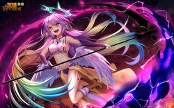Rule 34 | 1girl, 300 heroes, angel wings, asymmetrical legwear, breasts, bridal gauntlets, crop top, evil smile, feathered wings, gloves, gradient hair, halo, holding, holding scythe, holding weapon, jibril (no game no life), large breasts, long hair, low wings, magic circle, midriff, mismatched legwear, multicolored eyes, multicolored hair, navel, no game no life, open mouth, orange eyes, pink hair, scythe, sideboob, smile, solo, tattoo, very long hair, weapon, white wings, wing ears, wings, yellow eyes, yue xiao e