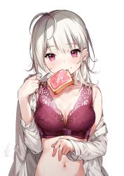 Rule 34 | 1girl, almic, blush, bra, bread slice, breasts, cleavage, commentary request, copyright request, food, food in mouth, food on face, hand up, highres, jam, lace, lace-trimmed bra, lace trim, long hair, long sleeves, looking at viewer, medium breasts, mouth hold, navel, off shoulder, open clothes, open shirt, red bra, red eyes, shirt, signature, simple background, single bare shoulder, solo, stomach, toast, toast in mouth, underwear, upper body, white background, white hair, white shirt
