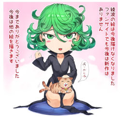 Rule 34 | 1girl, animal, animal on lap, bell, black dress, blush stickers, cat, cat on lap, chibi, collar, curly hair, cushion, dress, green eyes, green hair, hand up, highres, looking at viewer, mogudan, neck bell, no nose, on lap, one-punch man, open mouth, seiza, sitting, smile, solo focus, tatsumaki, waving