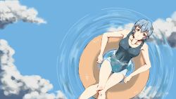 Rule 34 | 1girl, ayanami rei, bad id, bad pixiv id, blue hair, blue one-piece swimsuit, breasts, cleavage, collarbone, covered collarbone, day, from above, hair between eyes, highres, innertube, kiaji (pixiv7643817), legs together, looking at viewer, looking up, medium breasts, neon genesis evangelion, one-piece swimsuit, outdoors, red eyes, reflecting pool, reflection, reflective water, school swimsuit, short hair, solo, swim ring, swimsuit, water