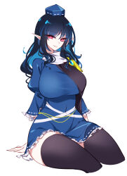 Rule 34 | 1girl, absurdres, black hair, black thighhighs, blue dress, blue hat, breasts, closed mouth, cropped legs, dress, hat, highres, iizunamaru megumu, large breasts, long hair, pointy ears, raptor7, red eyes, shoulder guard, simple background, sleeves past elbows, smile, solo, thighhighs, tokin hat, touhou, white background