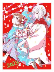 Rule 34 | 1boy, 1girl, 2023, accelerator (toaru majutsu no index), ahoge, albino, ambiguous gender, androgynous, ankle socks, blue kimono, border, brown hair, child, chinese zodiac, envelope, expressionless, fingernails, floral print, furisode, hair ornament, hair tie, haori, happy new year, highres, holding, holding envelope, japanese clothes, kimono, last order (toaru majutsu no index), light smile, looking at another, looking back, low ponytail, new year, obi, open mouth, pale skin, petalo55, print kimono, rabbit hair ornament, red background, red eyes, red scarf, sandals, sanpaku, sash, scarf, short hair, sidelocks, sitting, sitting on lap, sitting on person, socks, toaru majutsu no index, white border, white hair, white kimono, year of the rabbit, zouri