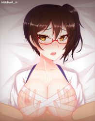 Rule 34 | 10s, 1girl, bad id, bad pixiv id, breasts, brown eyes, brown hair, glasses, highres, japanese clothes, jewelry, kaga (kancolle), kantai collection, large breasts, long hair, mikhail n, necklace, open mouth, paizuri, pearl necklace, rape, side ponytail, solo