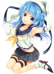 Rule 34 | 10s, 1girl, :d, ariko youichi, arm up, armpits, blue eyes, blue hair, breasts, cleavage, double bun, elbow gloves, full body, gloves, hair bun, hat, kantai collection, large breasts, long hair, looking at viewer, neckerchief, open mouth, pleated skirt, sailor hat, school uniform, serafuku, sitting, skirt, sleeves rolled up, smile, solo, urakaze (kancolle), white background, white hat, white legwear, yellow neckerchief