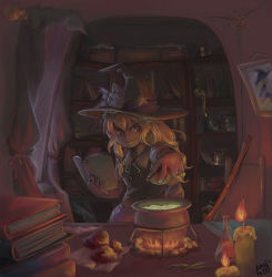 Rule 34 | 1girl, artist name, blonde hair, book, bookshelf, broom, candle, cauldron, cooking, curtains, dark, drawing (object), fire, grin, hat, indoors, kirisame marisa, long hair, mizutorii, pot, ribbon, silk, smile, solo, spider web, touhou, witch, witch hat, yellow eyes