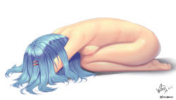 Rule 34 | 1girl, absurdres, arms up, artist name, barefoot, blue hair, bowing, breasts, completely nude, dated, dogeza, female focus, glint, hair ornament, hairclip, highres, kneeling, legs, medium breasts, naked dogeza, nipples, nude, original, prostration, shiny skin, signature, simple background, solo, thighs, veins, weibo watermark, white background, xiaoxi0619