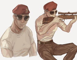 Rule 34 | 1boy, aviator sunglasses, belt, beret, brown pants, cargo pants, closed mouth, craig boone, crew cut, cropped legs, cropped torso, fallout (series), fallout new vegas, frown, glasses, gun, hat, highres, holding, holding gun, holding weapon, hunting rifle, looking at viewer, looking to the side, motsu pot, muscular, muscular male, pants, red headwear, scope, shirt, sunglasses, trigger discipline, undershirt, weapon, white shirt