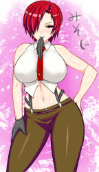 Rule 34 | 1girl, bare shoulders, black gloves, blush, breasts, brown pants, earrings, gloves, hair over one eye, hand on own hip, jewelry, large breasts, lipstick, looking at viewer, makeup, mature female, midriff, navel, necktie, nose blush, okyou, pants, red hair, red necktie, short hair, single glove, sleeveless, smile, solo, suspenders, the king of fighters, vanessa (kof)