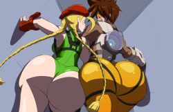 Rule 34 | 2girls, angry, ass, ass-to-ass, axel-rosered, beret, blonde hair, bodysuit, bomber jacket, braid, brown hair, cammy white, capcom, hallway, hat, highres, huge ass, jacket, leather, leather jacket, leotard, multiple girls, orange bodysuit, orange goggles, overwatch, overwatch 1, pants, short hair, spiked hair, street fighter, stuck, tight clothes, tight pants, tracer (overwatch), twin braids