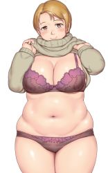 Rule 34 | 1girl, blonde hair, blush, bra, breasts, brown eyes, cleavage, clothes lift, highres, large breasts, lingerie, looking at viewer, navel, original, orizen, panties, plump, shirt, shirt lift, short hair, smile, solo, sweater, sweater lift, underwear, wide hips