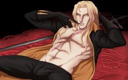 Rule 34 | 1boy, abs, alucard (castlevania), bed, blonde hair, castlevania (netflix), castlevania (series), dhampir, fangs, gloves, half-human, jacket, long hair, looking at viewer, lying, male focus, midriff, navel, pale skin, pants, pectorals, scar, scar on chest, solo, sword, teasing, undead, vampire, weapon, yellow eyes