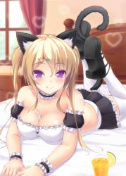 Rule 34 | 1girl, :q, animal ear fluff, animal ears, arm cuffs, bad id, bad pixiv id, bandeau, bare shoulders, bed, bendy straw, between breasts, black footwear, black skirt, blonde hair, blush, breasts, cat ears, cat hair ornament, cat tail, chest of drawers, choker, cleavage, collarbone, cup, curtains, drink, drinking glass, drinking straw, eyebrows, feet up, food, frilled choker, frilled skirt, frills, fruit, glint, hair between eyes, hair ornament, hairclip, heart, high heels, indoors, juice, large breasts, licking lips, lime (fruit), lime slice, long hair, looking at viewer, lying, maid, midriff, miniskirt, on bed, on stomach, orange juice, original, own hands together, pleated skirt, purple eyes, shoe soles, shoes, sidelocks, skirt, smile, solo, strapless, tail, thighhighs, tiphereth, tongue, tongue out, tube top, twintails, white thighhighs, window, wrist cuffs, zettai ryouiki