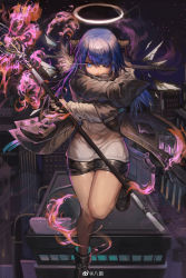 Rule 34 | 1girl, absurdres, arknights, bachuang, bare legs, black footwear, black jacket, black shorts, blue eyes, blue hair, boots, chinese commentary, commentary request, dual wielding, halo, highres, holding, holding staff, horns, jacket, long hair, looking at viewer, mostima (arknights), one eye closed, open clothes, open jacket, originium arts (arknights), short shorts, shorts, solo, staff, thighs