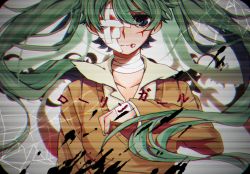 Rule 34 | 1girl, bad id, bad pixiv id, bandage over one eye, blood, collarbone, crack, cracked glass, cuts, eiku, green eyes, green hair, hatsune miku, injury, long hair, looking at viewer, matching hair/eyes, rolling girl (vocaloid), solo, sweater, vocaloid