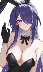 Rule 34 | 1girl, acheron (honkai: star rail), alternate costume, animal ears, armpit crease, bare shoulders, black bow, black gloves, bow, bowtie, breasts, cleavage, collar, collarbone, detached collar, diamond-shaped pupils, diamond (shape), earrings, fake animal ears, gloves, hair over one eye, hand up, highres, honkai: star rail, honkai (series), jewelry, large breasts, leotard, light blush, long hair, looking at viewer, multicolored hair, playboy bunny, purple eyes, purple hair, rabbit ears, sidelocks, simple background, smile, solo, streaked hair, symbol-shaped pupils, upper body, white background, white collar, zxcsque
