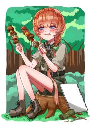 Rule 34 | 1girl, bare legs, belt, blue eyes, blush, boots, braid, brown footwear, fate/grand order, fate (series), food, food on face, green neckerchief, green shorts, holding, holding skewer, looking at food, medium hair, neckerchief, notebook, open mouth, purple pupils, shimogamo (shimomo 12), shirt, shorts, sitting, sitting on tree stump, skewer, solo, tree, tree stump, van gogh (fate)