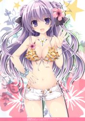 Rule 34 | 1girl, absurdres, bare shoulders, bikini, bikini shorts, blush, bracelet, breasts, buttons, cleavage, collarbone, fang, floral background, flower, hair ornament, hand on own hip, hand up, hibiscus, highres, jewelry, large breasts, long hair, looking at viewer, nail polish, nanaroba hana, navel, necklace, open mouth, original, purple nails, scan, shiny skin, short shorts, shorts, simple background, smile, solo, stomach, swimsuit, unbuttoned