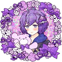 Rule 34 | ahoge, bernadetta von varley, blush, bow, bright pupils, commentary request, eyebrows hidden by hair, fire emblem, fire emblem: three houses, flower, hair bow, hair flower, hair ornament, highres, holding, holding stuffed toy, m0fa0, messy hair, nintendo, purple bow, purple eyes, purple hair, purple ribbon, ribbon, short hair, stuffed animal, stuffed toy, teddy bear, white background