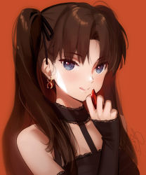 Rule 34 | 1girl, black hair, blue eyes, detached sleeves, earrings, fate/stay night, fate (series), gem, hair ribbon, jewelry, licking lips, long hair, red background, ribbon, siino, simple background, solo, tohsaka rin, tongue, tongue out, twintails