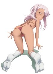 Rule 34 | 1girl, all fours, ass, bikini, blush, breasts, butt crack, chloe von einzbern, commentary request, dark-skinned female, dark skin, fate/kaleid liner prisma illya, fate (series), from behind, fujikawa daichi, long hair, looking at viewer, looking back, micro bikini, one side up, orange eyes, parted lips, pink hair, red bikini, shiny skin, simple background, small breasts, smile, socks, soles, solo, swimsuit, untying, white background