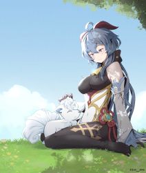 Rule 34 | 1girl, ahoge, alolan form, alolan vulpix, bare shoulders, black bodysuit, black gloves, blue hair, blue sky, bodystocking, bodysuit, breasts, commentary, covered navel, creatures (company), crossover, dappled sunlight, day, detached sleeves, english commentary, game freak, ganyu (genshin impact), gen 1 pokemon, gen 7 pokemon, genshin impact, gloves, grass, impossible clothes, jon eve, large breasts, low ponytail, nintendo, no shoes, on lap, headpat, pokemon, pokemon (creature), pokemon on lap, sitting, sky, smile, sunlight, vulpix, wariza