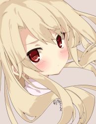 Rule 34 | 1girl, bad id, bad pixiv id, blonde hair, blush, close-up, closed mouth, commentary request, fate/kaleid liner prisma illya, fate (series), floating hair, from side, grey background, highres, illyasviel von einzbern, long hair, looking at viewer, looking back, mimelond, red eyes, simple background, solo, twitter username, upper body