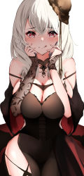 Rule 34 | 1girl, :q, absurdres, azur lane, bare shoulders, black dress, black headwear, blush, breasts, cleavage, closed mouth, crossed bangs, dress, heart, heart-shaped pupils, highres, itete, large breasts, looking at viewer, luetzow (azur lane), luetzow (everlasting blood banquet) (azur lane), medium hair, red eyes, sideboob, simple background, smile, solo, symbol-shaped pupils, tongue, tongue out, white background, white hair
