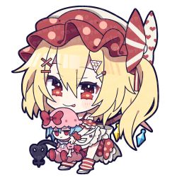 Rule 34 | 1girl, :p, alternate costume, apron, blonde hair, bow, chibi, closed mouth, doll, flandre scarlet, full body, fumo (doll), hat, hat bow, highres, holding, holding doll, internet survivor, laevatein (touhou), looking at viewer, one side up, pink hat, polka dot, polka dot headwear, red bow, red eyes, red hat, remilia scarlet, sample watermark, smile, solo, tongue, tongue out, touhou, transparent background, waist apron, watermark, white apron, yoriteruru