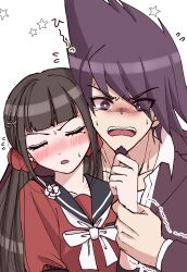 Rule 34 | 1boy, 1girl, :o, black sailor collar, blunt bangs, blush, bow, bowtie, brown hair, closed eyes, collarbone, danganronpa (series), danganronpa v3: killing harmony, facial hair, goatee, hair ornament, hair scrunchie, hand up, harukawa maki, highres, holding another&#039;s wrist, low twintails, mole, mole under eye, momota kaito, open mouth, pink eyes, pink hair, red scrunchie, red shirt, sailor collar, satori (aosky9077), scrunchie, shirt, simple background, spiked hair, star (symbol), teeth, tongue, twintails, upper teeth only, white background, white bow, white bowtie, white shirt