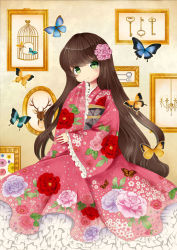 Rule 34 | 1girl, brown hair, bug, butterfly, commentary request, deer, flower, flower ornament, framed, frilled kimono, frilled sleeves, frills, green eyes, hair flower, hair ornament, hand to own mouth, insect, japanese clothes, kimono, long hair, looking at viewer, original, picture frame, salmonluv3, solo, very long hair, wide sleeves